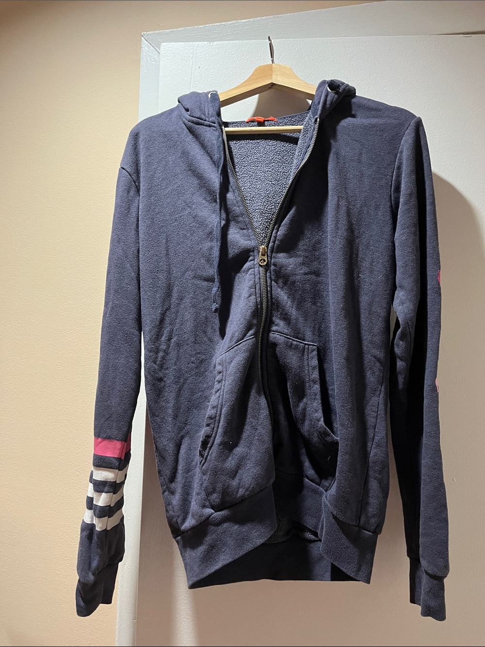 Butter Navy Zip Hoodie with Pink and White Striped Sleeve
